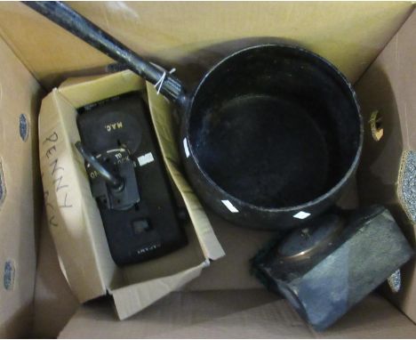 Box containing large heavy cast saucepan, barometer set in piece of slate and heavy cast metal penny lock.(B.P. 21% + VAT) 