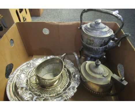 Box of assorted metal ware to include: two shallow silver plated bowls with embossed designs and pad feet, silver plated teap