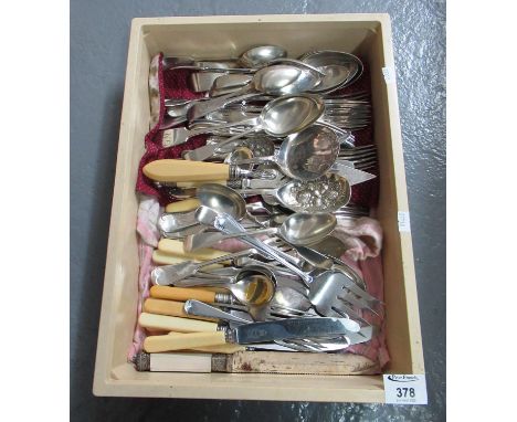 Box of assorted cutlery to include: berry spoons, cake slice, mother of pearl and embossed white metal handled bread knife, b