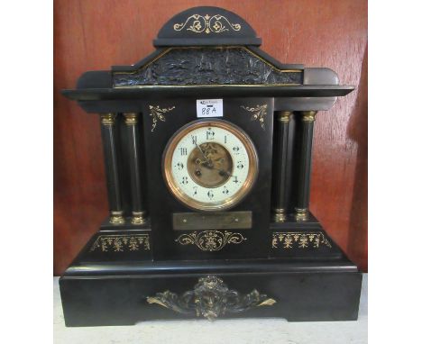 Late Victorian slate architectural design two-train mantel clock with enamel face and skeleton movement. With key.(B.P. 21% +