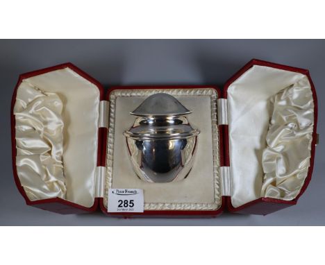 Silver lidded tea caddy of baluster form with Chester hallmarks, mark to the underside 'Joy, Gentle Friends! Joy, Fresh Days 