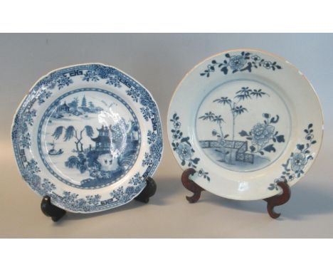 18th/early 19th century Chinese porcelain under glazed blue decorated plate with central reserve panel with flowers and bambo