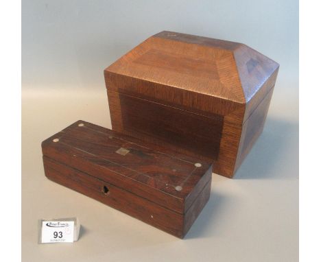 Oak and mahogany sarcophagus-shaped box, together with a 19th century rectangular rosewood and mother of pearl inlaid pen box
