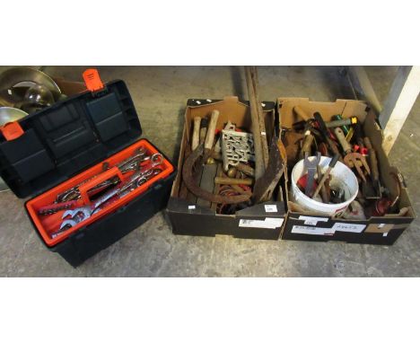 Plastic tool box containing assorted spanners, sockets, etc. Together with two trays of various tools to include scythes, gar