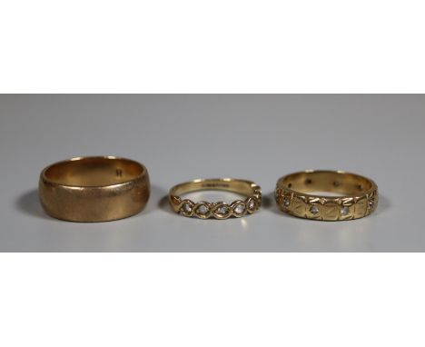 9ct gold wedding ring and two 9ct gold rings set with white stones.  Ring size R, N and K&1/2. Approx weight 11.4 grams.  (B.