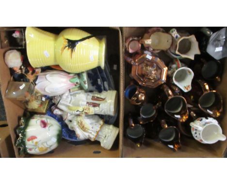 Two boxes of assorted china to include: copper lustre jugs, copper lustre teapot, large Gaudy Welsh jugs, Swansea jug, four l