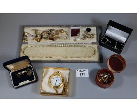 Box containing assorted cufflinks, tie pins, sterling silver cufflinks, modern pocket watch and chain, etc.(B.P. 21% + VAT) 