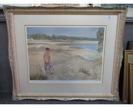 After Sir William Russel Flint, foreshore with standing nude female, limited edition coloured print no. 136/850, with publish