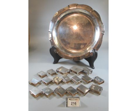 Silver plated tray comprising a collection of silver match box holders, mainly plain form, some engine turned, with cartouche