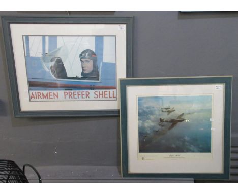 Framed and glazed reproduction poster 'Airmen Prefer Shell', together with after Frank Wootton, 'Spitfire V, Douglas Bader le