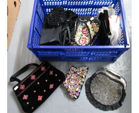 Collection of vintage and modern handbags, cutch bags, and purses, predominantly black and beaded to include small vintage le