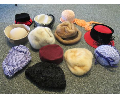 Collection of designer and high quality hats to include Harrod's beige fur beret style hat, Jean Muir red leather pillbox hat