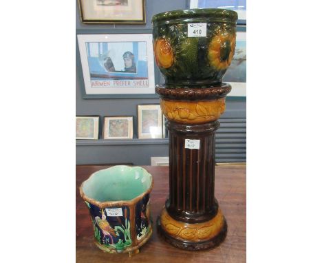 Victorian majolica jardiniere, overall with crane amongst reads decoration, together with ceramic jardiniere stand with flora