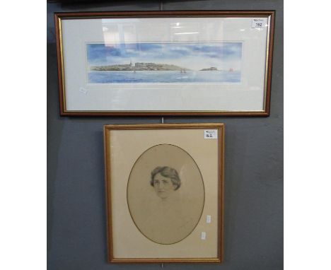 Adrian M Jones 'Tenby Coast Line', signed, watercolours. 12 x 45cm approx. Together with Henry Wykes, portrait of a woman, si