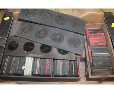 A BOX OF ASSORTED MAGIC LANTERN SLIDES, various subjects to include religion, English Kings, Alice in Wonderland etc.