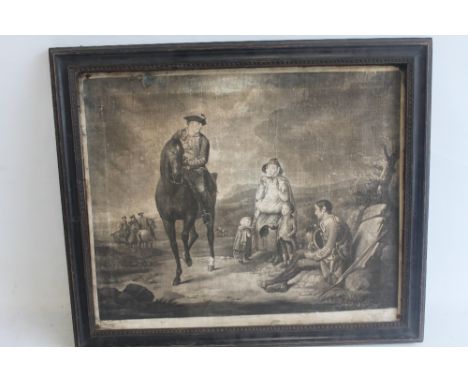 A FRAMED MEZZOTINT DEPICTING  A SOLDIER ON HORSE BACK