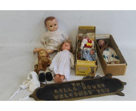 A BOXED PELHAM LS MEXICAN GIRL AND SS TYROLEAN GIRL, a 9½" Goebel/Hummel bisque jointed doll, two other dolls and a cast bras