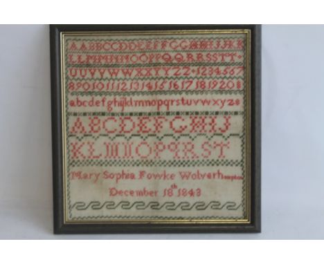 A 19TH CENTURY WOLVERHAMPTON INTEREST SAMPLER, in green and red thread, named and dated "Mary Sophia Fowke, Wolverhampton, De