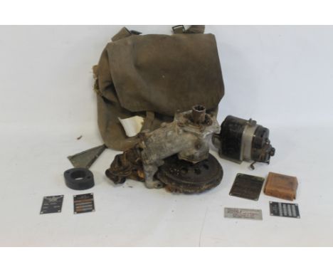 A SMALL COLLECTION OF VARIOUS AIRCRAFT AND ENGINE PLATES, a Lucas g4-m magneto and ball bearing- a pobjoy Niagara clutch and 