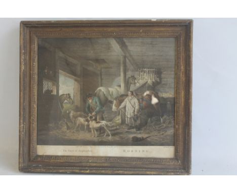 A FRAMED AND GLAZED COLOURED MEZZOTINT DEPICTING A STABLE SCENE TITLED "THE FIRST OF SEPTEMBER MORNING", engraved by W. Ward 