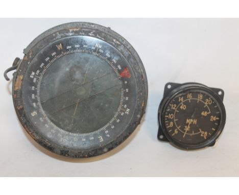 A WWII VINTAGE AIRCRAFT AIR SPEED INDICATOR MARK 1XF 6A/587, dated 1944 together with an R.A.F aircraft compass marked AM 6a/