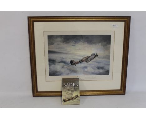 DOUGLAS BADER INTEREST - ROBERT TAYLOR FRAMED PRINT 'First of Many' signed in pencil by Douglas Bader together with paperback