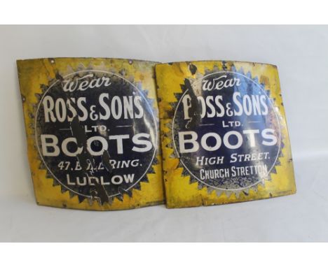TWO ROSS &amp; SONS BOOTS ENAMEL ADVERTISING SIGNS, one for Ludlow, the other for Church Stretton, both of similar design in 