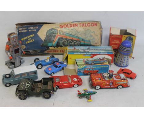 A BOXED RH1 TINPLATE BATTERY OPERATED "GOLDEN FALCON" LOCOMOTIVE, boxed Codeg Dr. Who plastic clockwork Dalek, boxed Telsada 