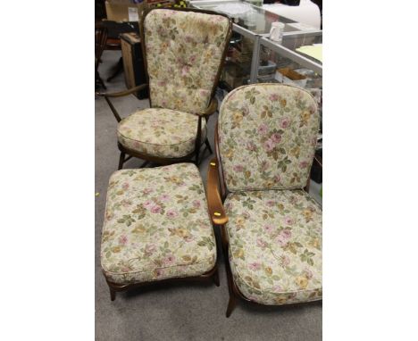 A PAIR OF ERCOL STYLE ARMCHAIRS + STOOL