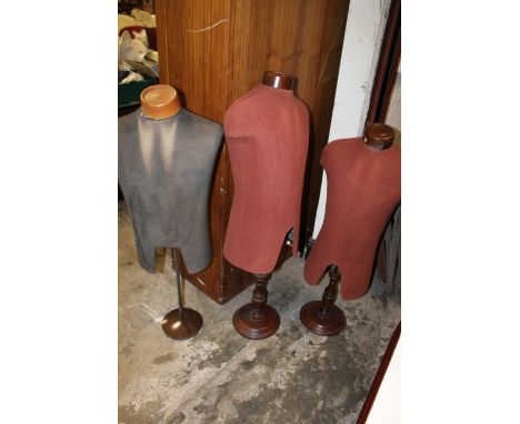 THREE VINTAGE BROWN FABRIC COVERED TAILORS DUMMIES COMPLETE WITH STANDS