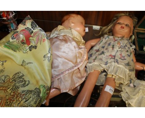 THREE VINTAGE DOLLS & AN ORIENTAL STYLE SILK PANEL