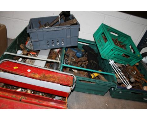 FIVE TRAYS OF VARIOUS HAND TOOLS & BITS PLUS A TOOLBOX WITH CONTENTS