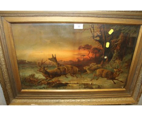 A VINTAGE GILT FRAMED HUNTING SCENE