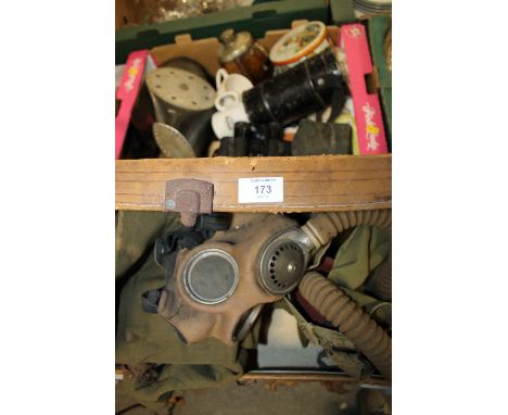 A TRAY AND A SUITCASE OF MOSTLY MILITARY & VINTAGE ITEMS TO INC A GAS MASK, UNIFORM ITEMS, PROPELLER ETC