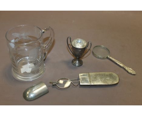 A VINTAGE PAIR OF GLASSES IN CASE, HALLMARKED SILVER TROPHY, WINSTON CHURCHILL GLASS + A MAGNIFYING GLASS