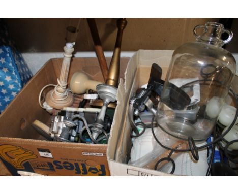 TWO MIXED BOXES TO INC A DEMIJOHN, TOOLS, CANDLE HOLDERS, LAMPS ETC