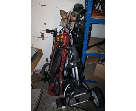THREE GOLF CADDY BAGS, TWO SET SO F WHEELS PLUS A SELECTION OF GOLF CLUBS