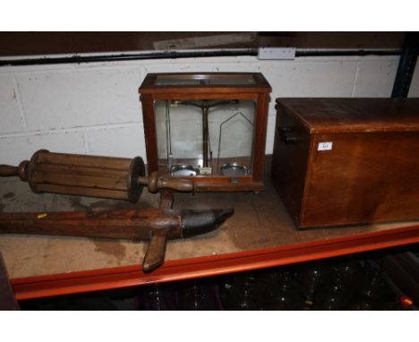 A GLASS CASED PHILLIP HARRIS SET OF SCALES, PLUS A WOODEN TRUNK, VINTAGE TOOLS ETC