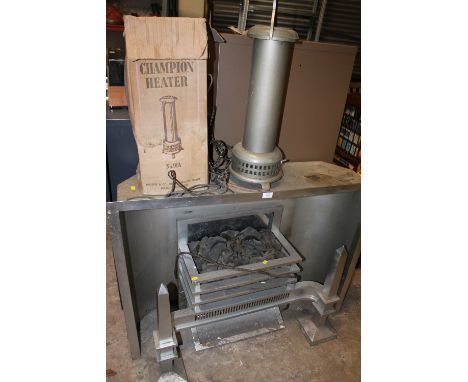 A VINTAGE ART DECO CHROME FIRE PLACE & SURROUND PLUS A VINTAGE BELLING HEATER