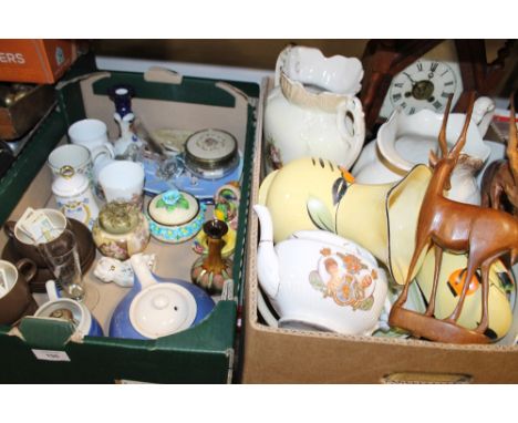 TWO TRAYS OF CERAMICS AND TREEN TO INC A MANTLE CLOCK ETC