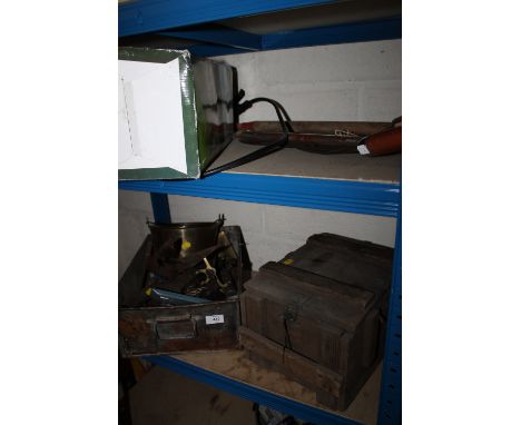 A QUANTITY OF METALWARE TO INC TOOLS, WOODEN BOX, PRESSURE SPRAYER ETC