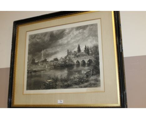 A FRAMED MEZZOTINT BEHIND GLASS LANDSCAPE BY RIVER WITH BRIDGE AND CHURCH