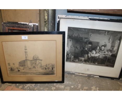 A FRAMED ENGRAVING BEHIND GLASS 'THE MOSQUE OF SOULTON HASSAN CAIRO DRAWN BY O R CARTER FROM SKETCH C LAVER ENGRAVED BY C BOU