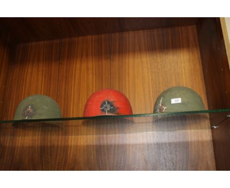 THREE WW2 ERA ARMOURED CORPS HELMETS IN VARIOUS COMPLETENESS / CONDITION