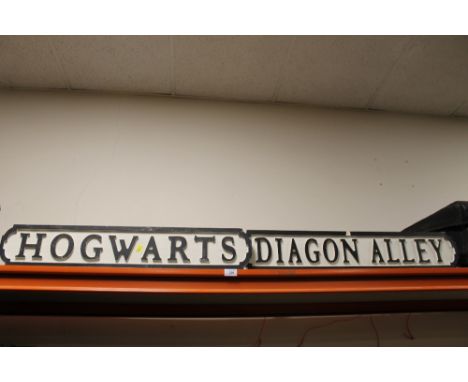 TWO REPRODUCTION WOODEN HARRY POTTER SIGNS 'HOGWARTS' & 'DRAGON ALLEY'