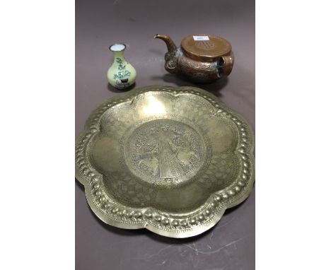 A VINTAGE ORIENTAL COPPER KETTLE BRASS PLATE + AN ENAMEL VASE  (3)