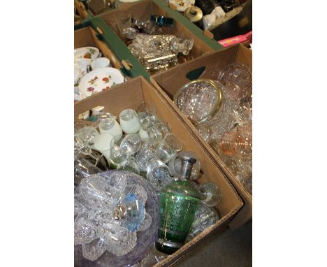 THREE TRAYS OF CUT GLASS ETC TO INC DECANTER, PAPERWEIGHTS ETC