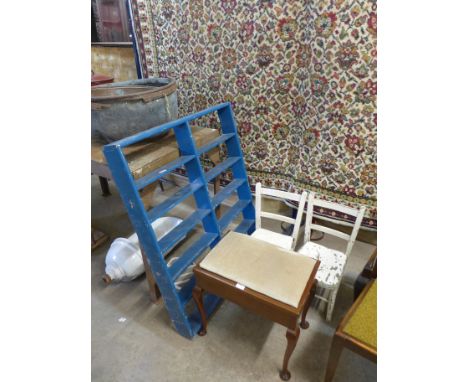 A mahogany piano stool, two painted children's chairs and a painted wall shelf