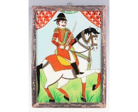 An Indian reverse painting on glass, late 19th/early 20th century, depicting a portrait of a general on horseback, 34.5cm x 2