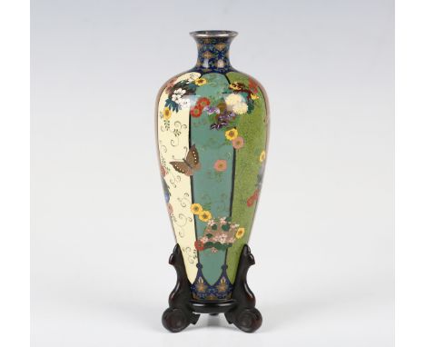 A Japanese cloisonné enamel vase by Namikawa Yasuyuki, Meiji period, of slender tapering form with short flared neck, finely 